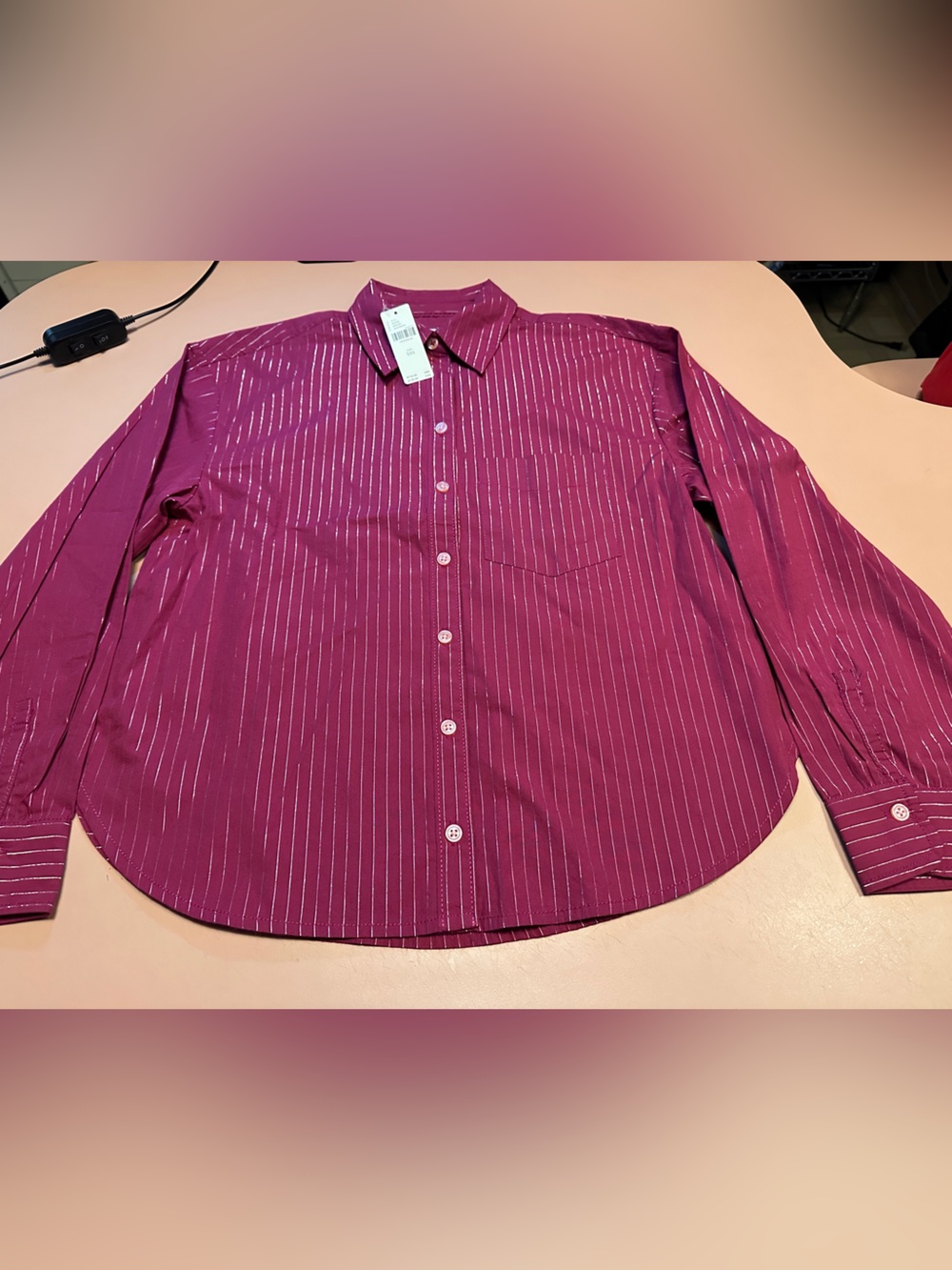NWT Maeve Shrunken Bennett Metallic Striped Raspberry Button-Up